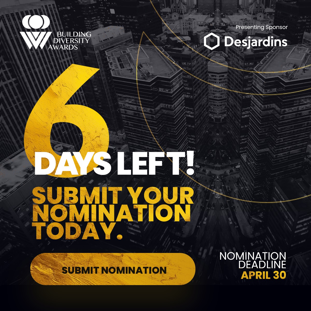 SIX DAYS TO GO! If you know an individual or organization that deserves to be recognized at the 2024 Building Diversity Awards, please visit buildingdiversity.ca/nominations/. Nominations close on April 30 #BuildingDiversityAwards2024 #mentorship #diversityandinclusion #CommunityBenefits