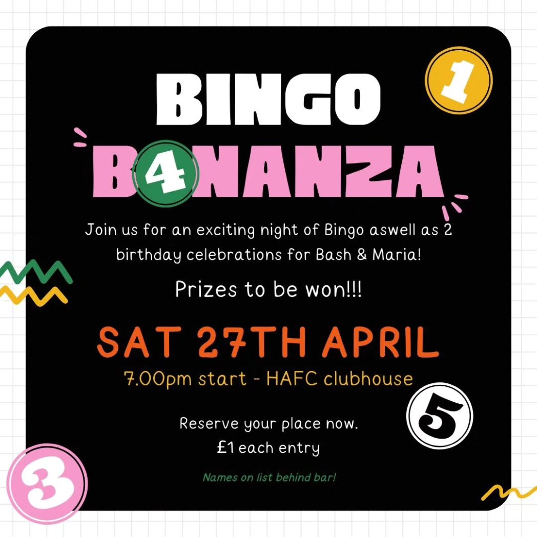 Don't forget, Saturday night is BINGO NIGHT and all are welcome!! Please bring along cash to the event to support. See you there for 👀 down!!! #HAFC #UTH #bingofun
