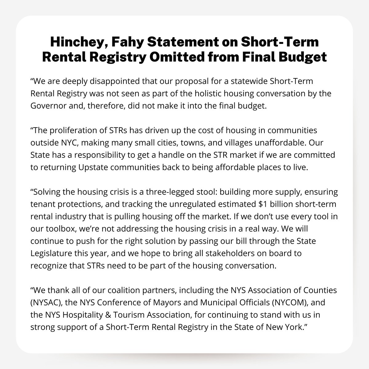 In order to fully solve the housing crisis, we must also address the proliferation of short-term rentals across our upstate communities, which was unfortunately excluded from this year's budget. Read my statement with @PatriciaFahy109: