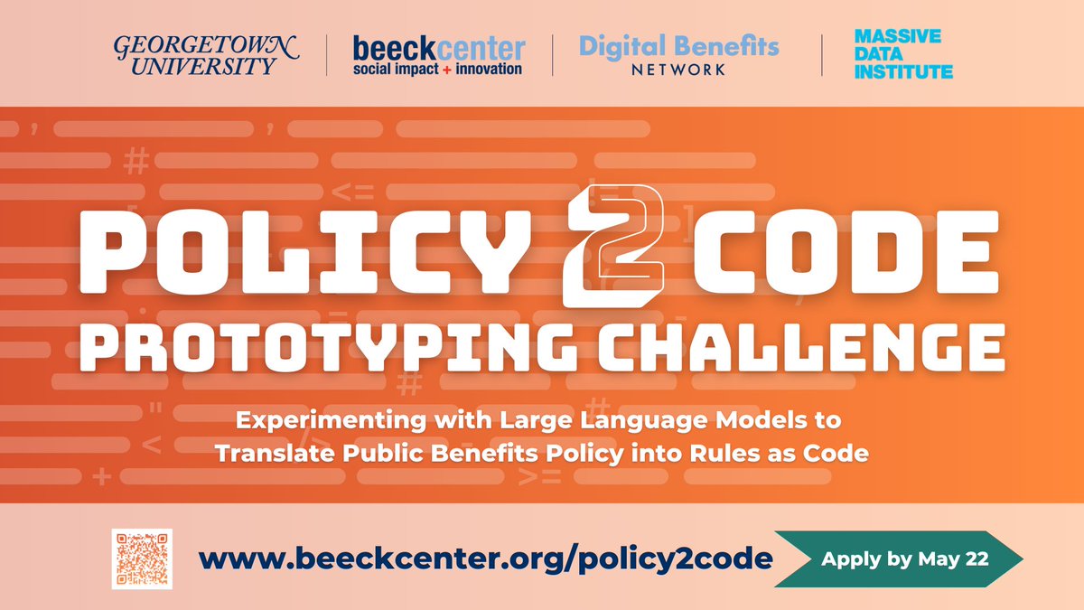 🚀 Exciting News! 🚀 Join the Policy2Code Prototyping Challenge to experiment with public benefits policy implementation via generative AI & LLMs. Apply by May 22, 2024.

beeckcenter.org/policy2code

Hosted by @BeeckDBN & @MassiveData_GU at @Georgetown.

#AI #LLMs #RulesAsCode 🌟