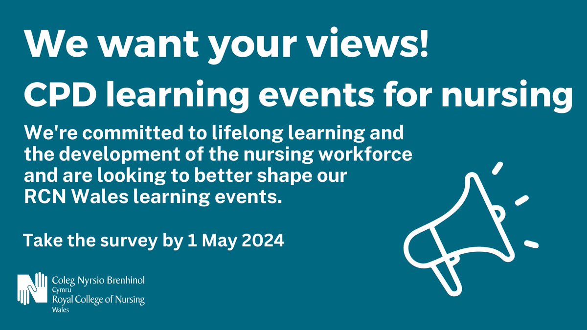 What learning events do you want to see in the RCN Wales calendar? Do you prefer in-person events or interactive webinars? 📝 ✔️ Take our short survey before 11:59pm on the 1 May and help us deliver the best CPD that suits your learning needs. bit.ly/3THXEXq