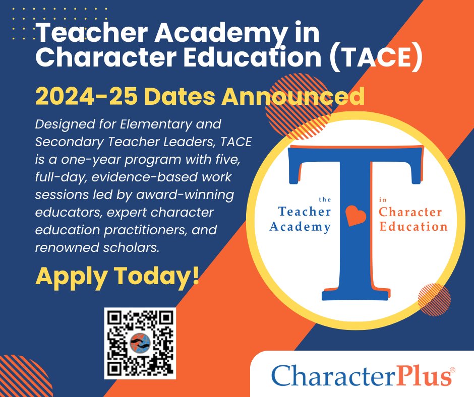 Planning next year's PD opportunities? Teacher Academy in Character Education dates have been announced! Learn more about TACE and the difference it can make in your classroom and school community and apply today! #CharacterMatters #CharacterEducation