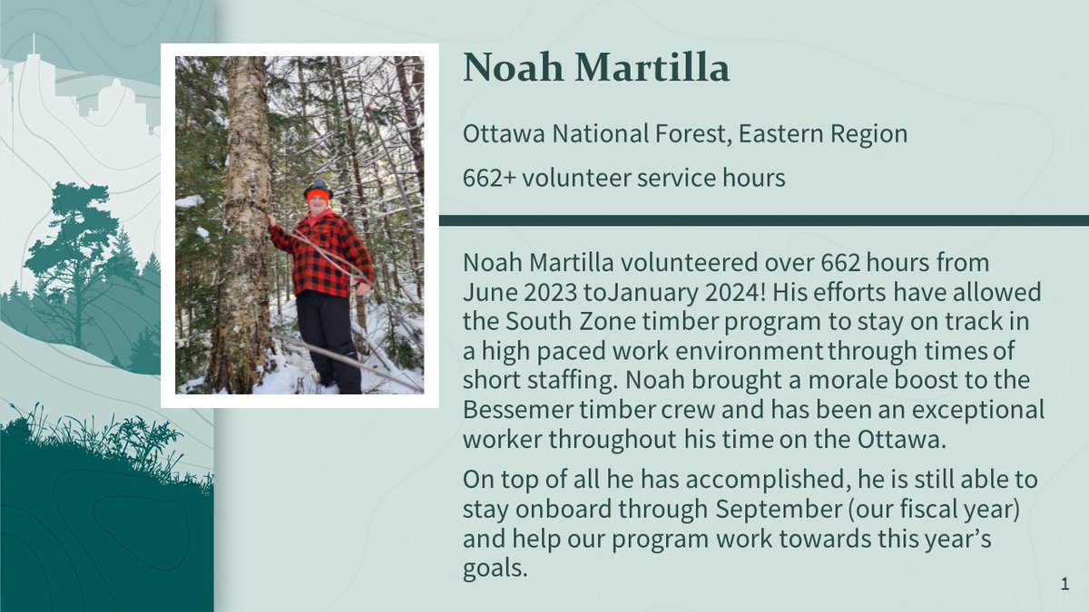 In a little over 6 month, Noah Martilla has racked up over 662 volunteer hours on the @OttawaNF. With his support, the South Zone timber program continues to stay on track in a high-paced work environment. Thank you, Noah! #NationalVolunteerMonth fs.usda.gov/detail/r9/work…