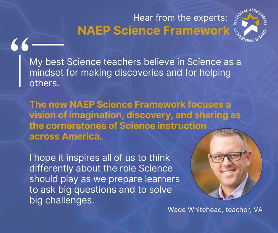 We need the next generation of scientists to be ready to solve pressing problems and create new solutions for our planet!

That’s why <a href="/GovBoard/">The Governing Board</a> recently convened experts to develop an updated Science Framework for #NAEP. 

<a href="/wadewhitehead/">𝕎𝕒𝕕𝕖 𝕎𝕙𝕚𝕥𝕖𝕙𝕖𝕒𝕕</a>