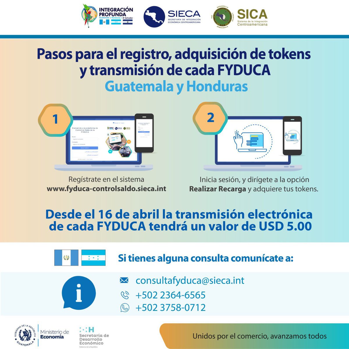 Para Factura y Declaración Única Centroamericana #FYDUCA.
Ingresa y regístrate en la opción "Crear Cuenta"
🌐fyduca-controlsaldo.sieca.int
☎️(502) 2364-6565
📲 wa.me/50237580712