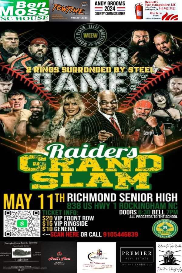 ROCKINGHAM NC
MAY 11
WWE HOFer Teddy Long
Perfect 10 Baby Doll
Number 1 George South
2 RING CAGE MATCH
#prowrestling  #Rockingham #NC
#CageMatch #IndieWrestling