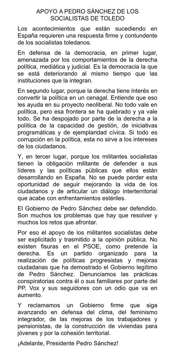 🌹Desde la Agrupación Socialista de Toledo expresamos nuestro apoyo a nuestro secretario general @sanchezcastejon. ¡Adelante presidente!💪🏻