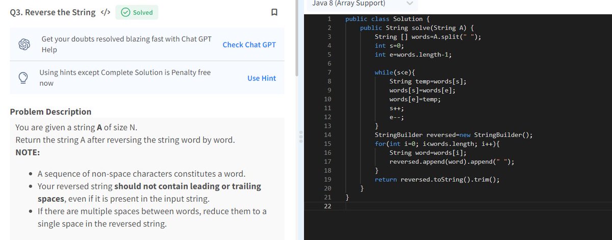 Day #10: Reverse the String 
#codewithscaler #scalerdiscord
@scaler_official
#CodeNewbie #Programming #DEVCommunity #Java #CodeChallenge #CodingLife #ScalerAcademy #datastructures #developer #programmer #code #WomenWhoCode
Happy coding & tweeting!  
Any Suggestions!?...