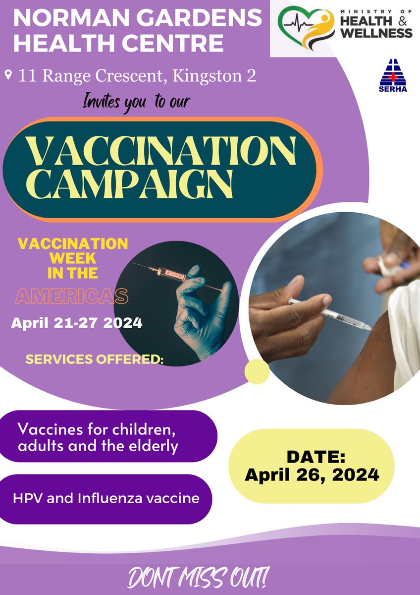 FREE vaccines will be administered at the Norman Gardens Health Centre on Friday, April 26, 2024. The public will benefit from vaccines, including HPV and influenza vaccines @themohwgovjm @SRHAJamaica @mohnerha @wrhagovjm
