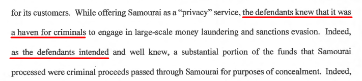 A thread about this statement made in Samourai's indictment, from the perspective of a person who has extensively studied the design of zerolink implementations and who has also analyzed the on-chain activity of some crypto money launderers.