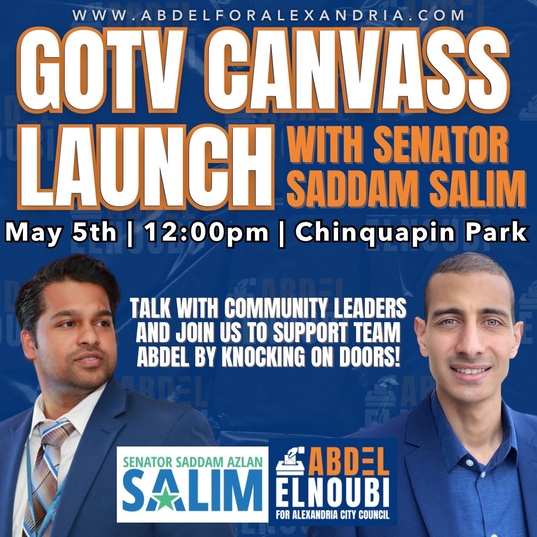 Join our special guest Senator Saddam Salim @salimvasenate to knock on doors for us for a get out the vote canvass launch on May 5th. Let’s get the word out about our grassroots campaign for a better Alexandria for all!!