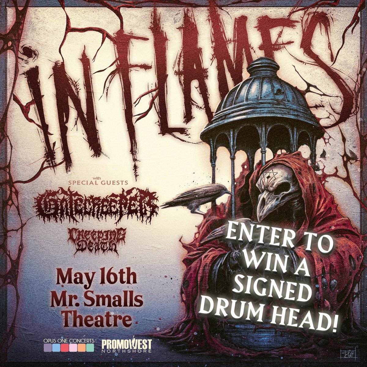 🚨GIVEAWAY ALERT🚨 @opusoneprod & @InFlames_SWE have teamed up to give one lucky fan... 🥁 -(1) ONE SIGNED DRUM HEAD! Anyone who buys a ticket to #InFlames on 05/16 at @mrsmallstheatre will be automatically entered to win! 🎟️ BUY TIX via: tinyurl.com/bddvzxk6