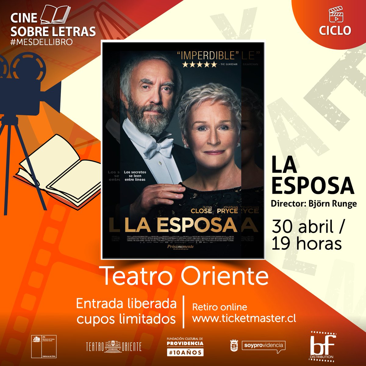 CICLO DE CINE. Te invitamos a ver la película 'La esposa' que será la última del Ciclo 'Cine sobre Letras' con el que estamos celebrando el #MesDelLibro FECHA: martes 30 de abril - 19 hrs. Retiro de entradas en ticketmaster.cl @Muni_provi @CulturaProvi