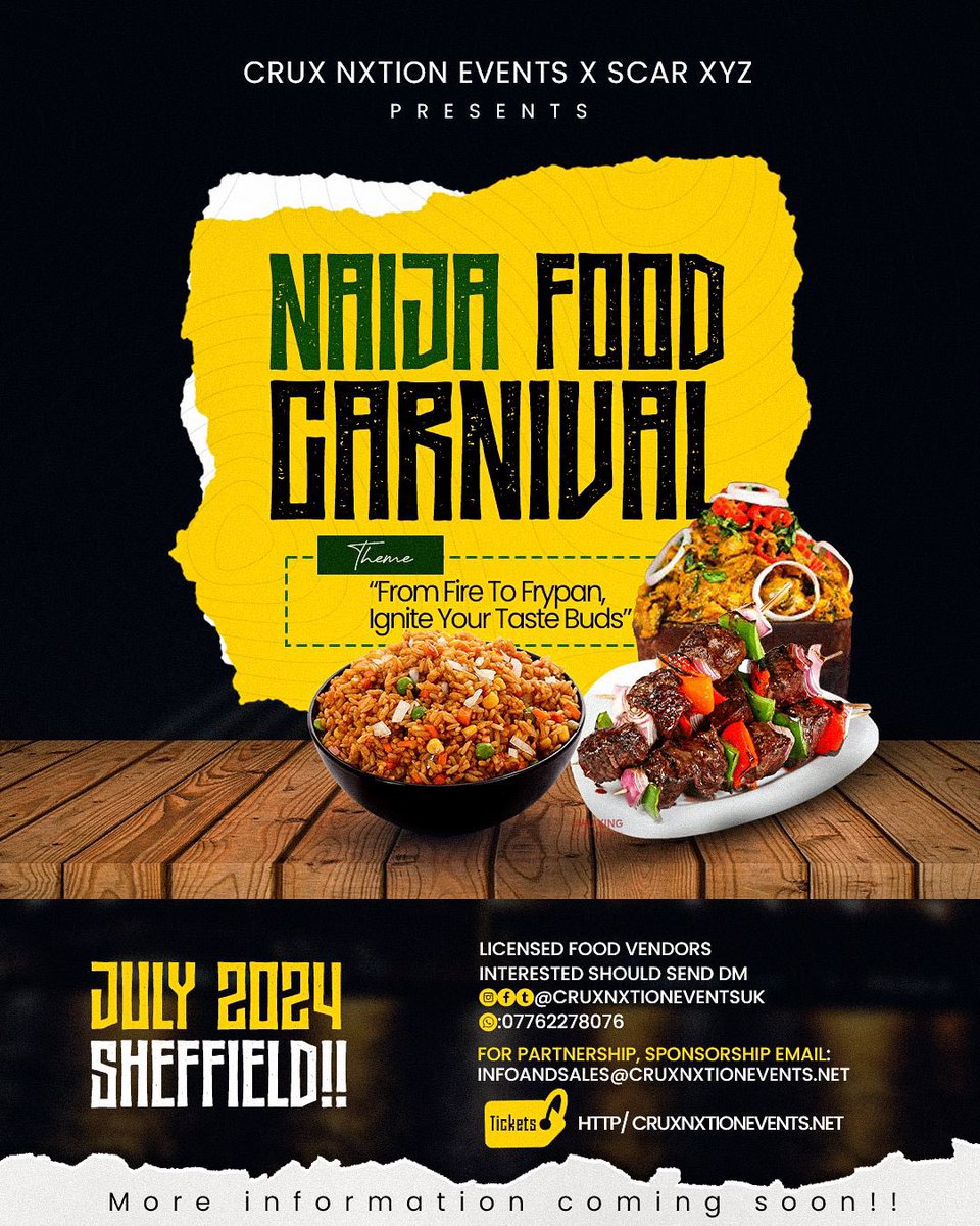 Update!!

Come celebrate the Naija Food Carnival with us in July of 2024! 

Experience the spontaneous taste of Nigerian cuisine. 

More info coming soon. 

Food vendors, DM Instagram.com/cruxnxtioneven… or message +447762278076

Don't miss out!

#Cruxntionevents #NaijaFoodCarnival