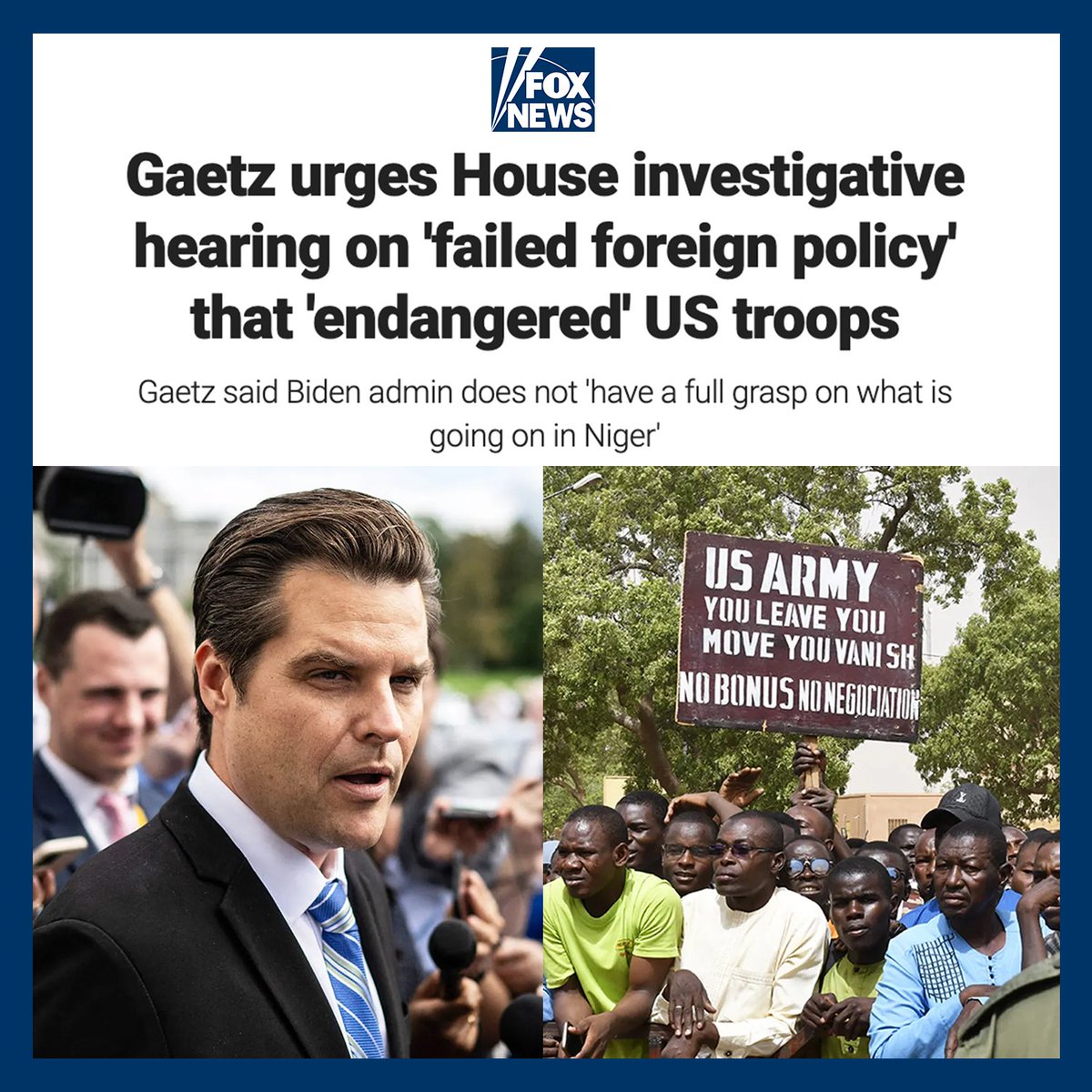 Today, I’m calling for @SecBlinken to testify before the House Armed Services Committee on how his and the DOD’s strategies have jeopardized the safety and security of U.S. service members in Africa.

The deteriorating conditions in Niger recently forced the decision to withdraw