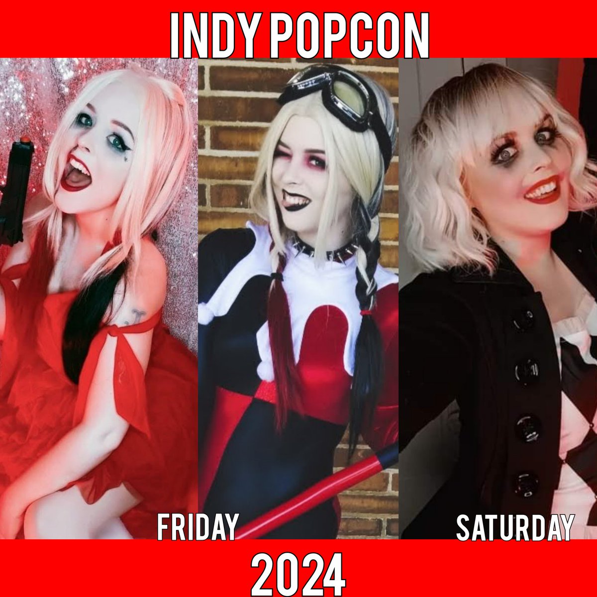 I'll be at Indy Popcon this weekend! Here's my lineup! Friday, I will either be red dress Harley from The Suicide Squad or my mashup of classic and The Suicide Squad. Saturday, I'll be Lady Gaga's Harley Quinn from Joker: Folie A Deux! #indypopcon #harleyquinncosplay #cosplay