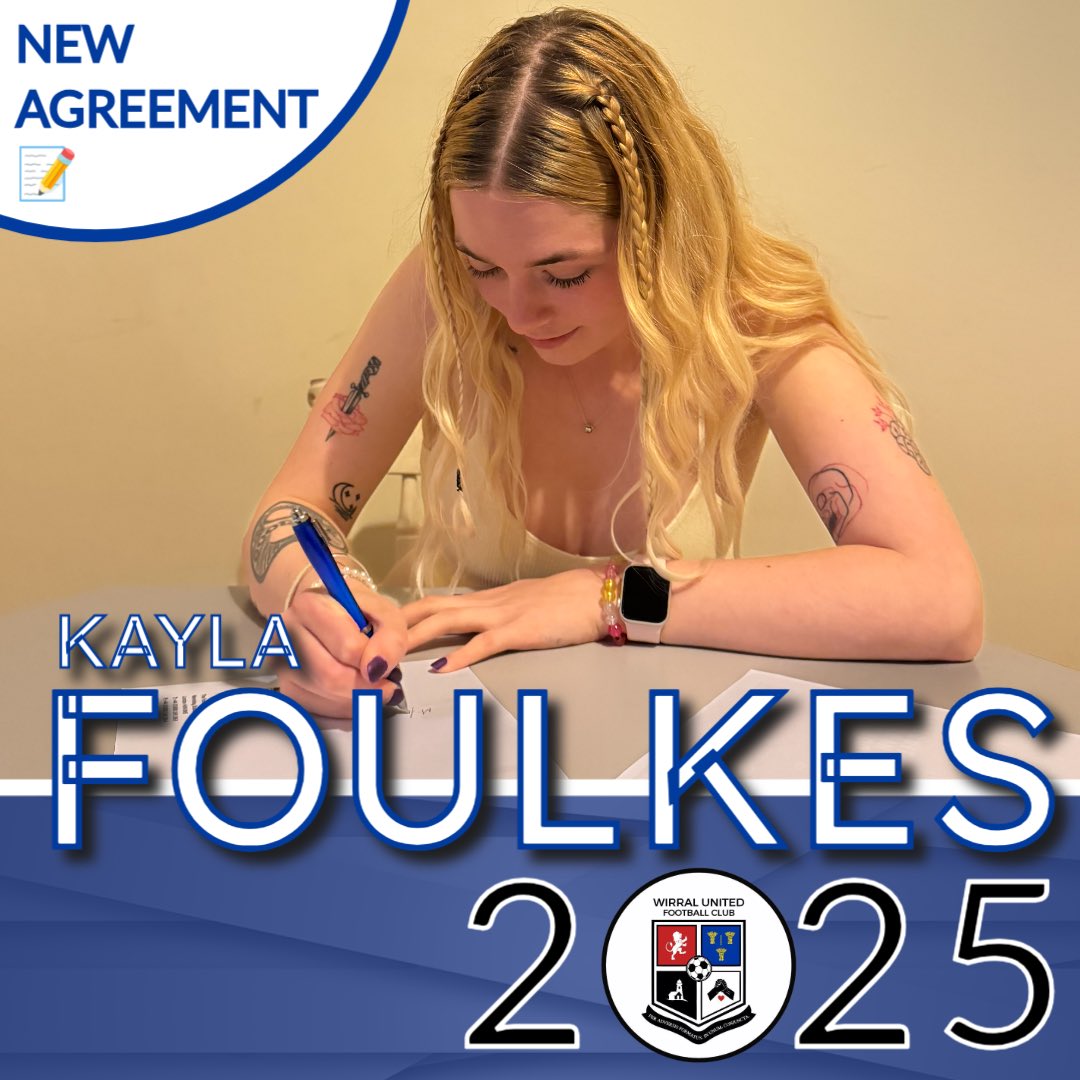 Wirral United are delighted to announce a new playing agreement has been signed by Kayla Foulkes which will see her extend her time at the club until the end of the 2024-2025 season.

#TogetherUnited ⚽️🔵⚪️💙

#womensfootball