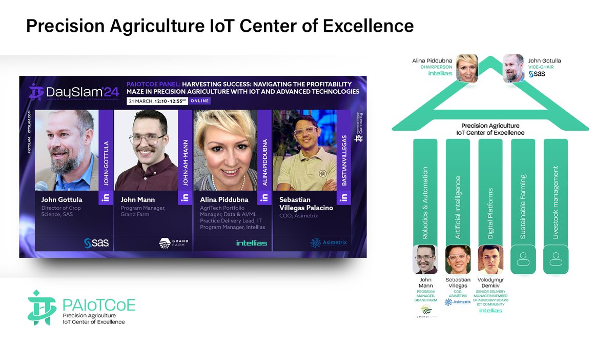 Innovating at the junction of Agriculture & IoT? Brilliant, #IoTCommunity operates a #PAIoTCoE chaired by Alina Piddubna @intellias & vice-chaired by John Gottula @SASsoftware; featuring @AsimetrixINC & @TheGrandFarm. Discover more by contacting us at iotcommunity.net/precision-agri… #IoT