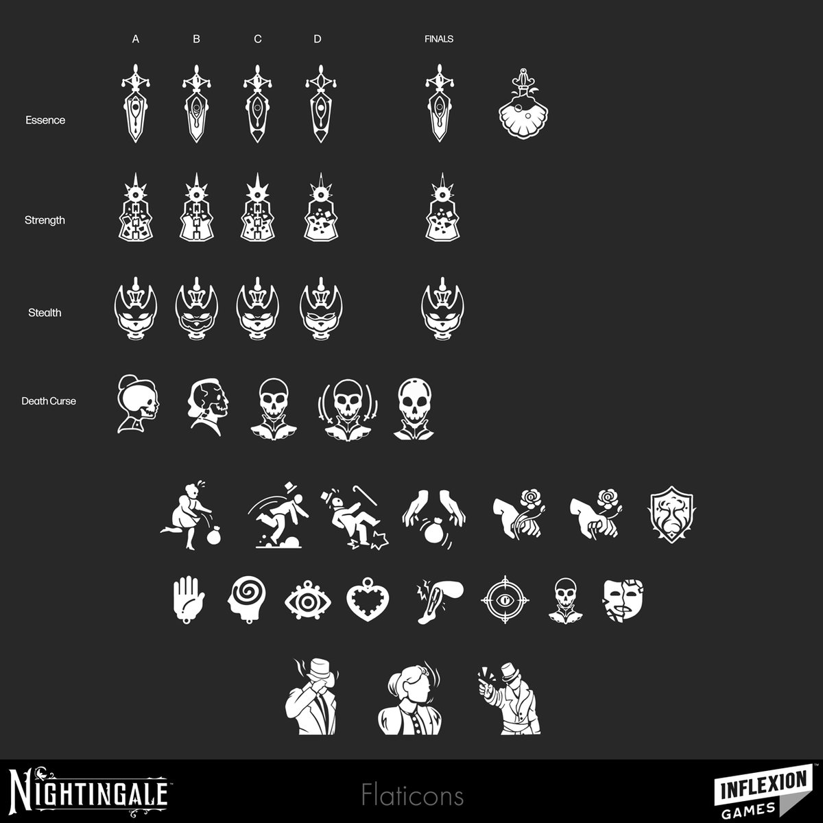 Some of the flaticons I've made for Nightingale, as well as a few iterations! These look simple but getting the balance of shapes and their language right can take many tries, which is where my background in concept design really came in handy.