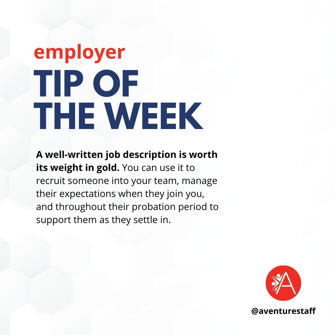 🌟 Employer Tip of the Week! 🌟
Unlock the power of a well-written job description! 💼✨A well-written job description is worth its weight in gold and can attract top talent while saving you time in the hiring process. #Employers #JobDescription #TipOfTheWeek