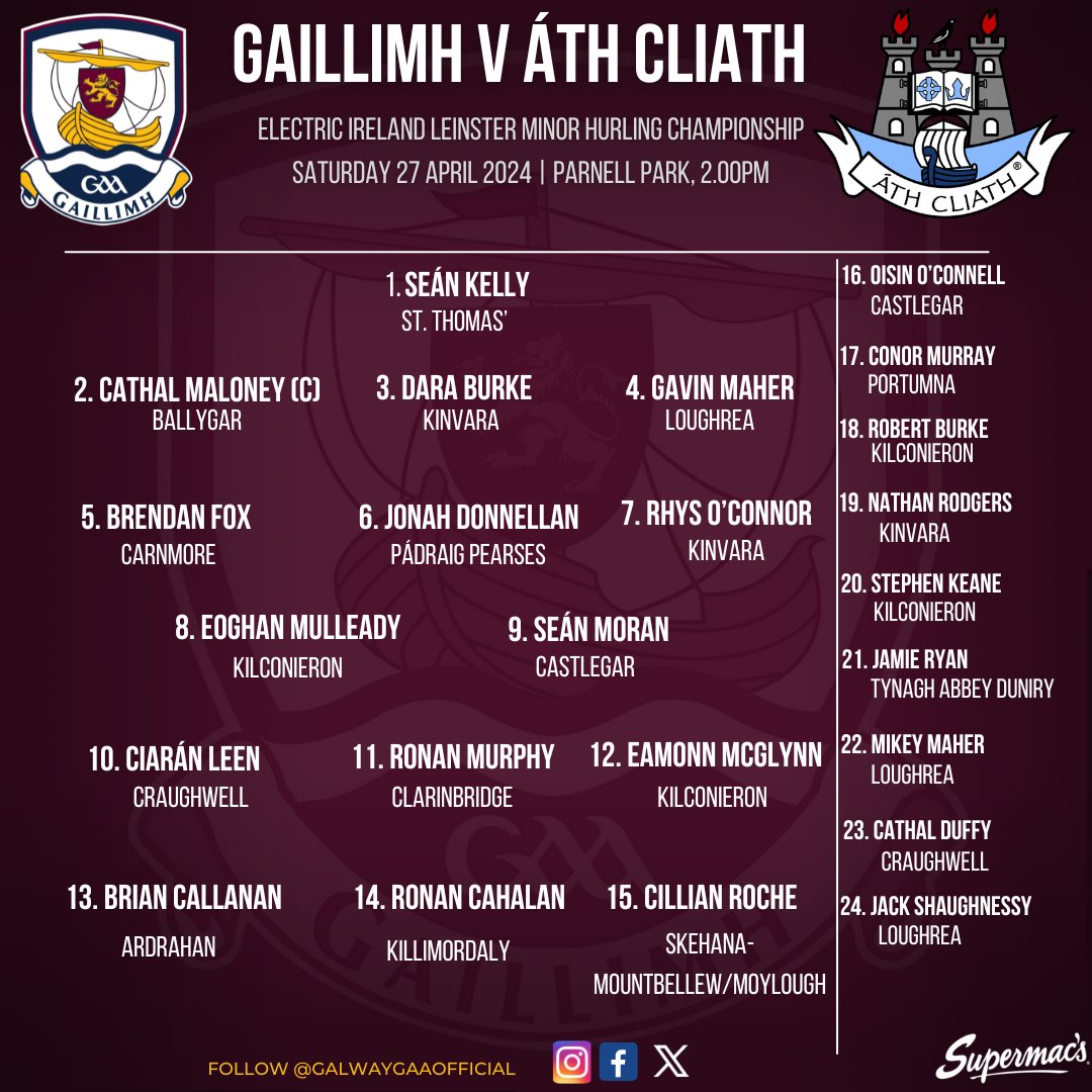 🚨TEAM NEWS🚨 Electric Ireland Leinster Minor Hurling Championship Dublin v Galway 🗓️Saturday 27th April 📍Parnell Park 🕑2.00pm Match Tickets on universe.com/events/electri… Best of luck to Kenneth Burke, Team Management & our Minor Hurling Squad! #riseofthetribes #gaillimhabú