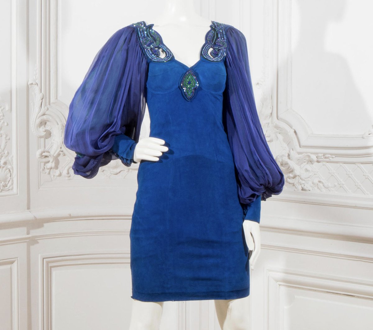 Sold for €512, this Jean-Claude #Jitrois dress looks like a snazzy owl! #Frockingfabulous #fashionhistory of 1990, via Bonham's.