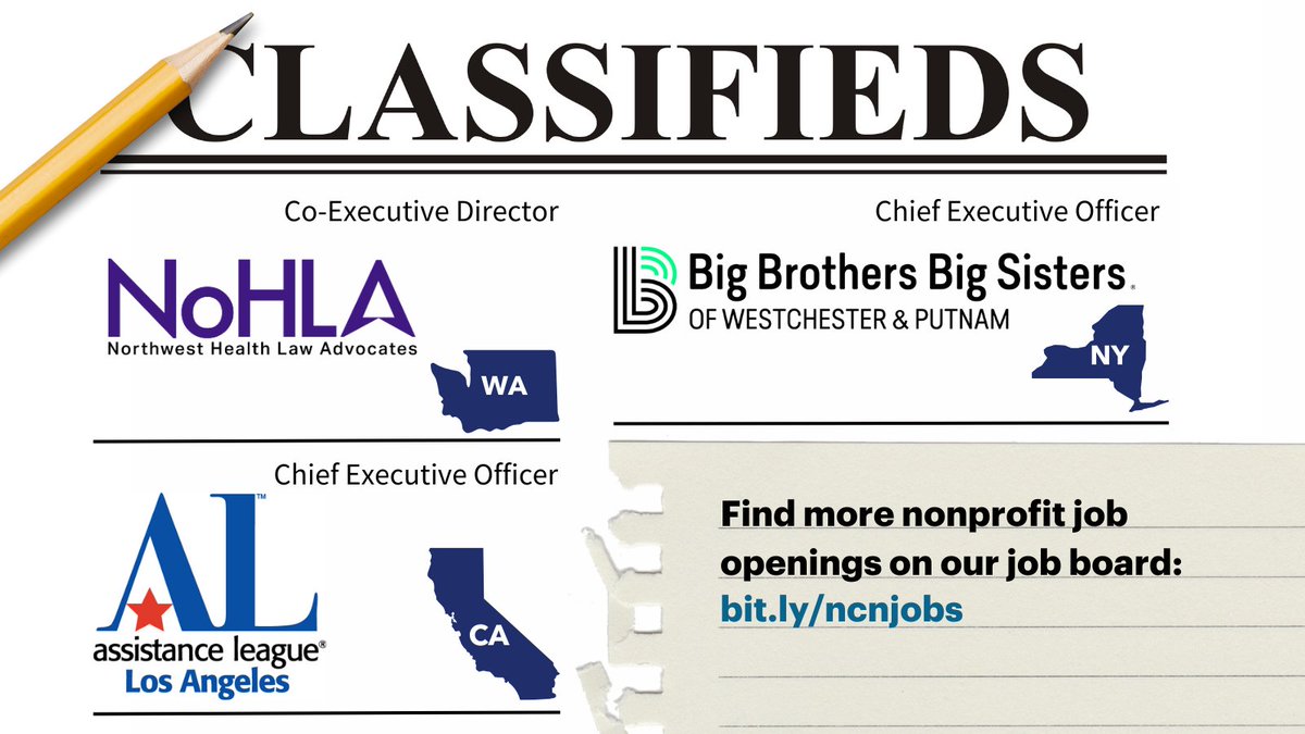 Weekly #NonprofitJobs: 🔹Co-Executive Director @NWHealthLaw for $100-110k: bit.ly/3xShMPr 🔹CEO @BBBSWestchester for $150-180k: bit.ly/3WldRVD 🔹CEO @TheLeague_LA for $180-200k: bit.ly/4bKdtF8 #Nonprofits #LeadershipJobs