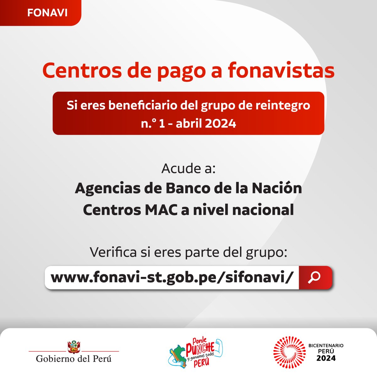 📢 ¡Atención, fonavista! Si estás en el padrón del grupo de reintegro de abril 2024, recuerda que puedes cobrar en las agencias del @BancodelaNacion o en los @CentrosMAC del país. ➡️Verifica aquí: fonavi-st.gob.pe/sifonavi/ #PagoFonavi