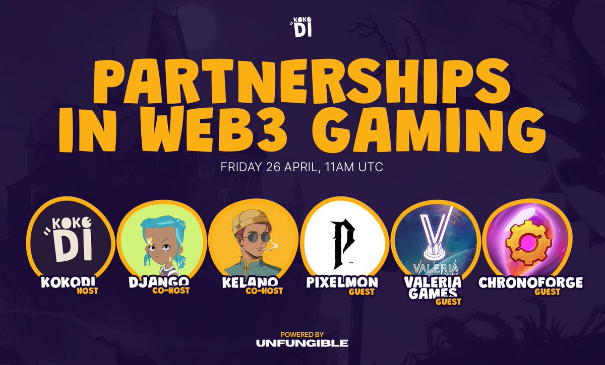 kokodigame's tweet photo. ✨Partnerships in web3 gaming ✨

With frens from @Pixelmon @ValeriaStudios @playchronoforge 

📆 Friday, 26 April, 11AM UTC

👇Set your reminders! https://t.co/2cmJg5873a
