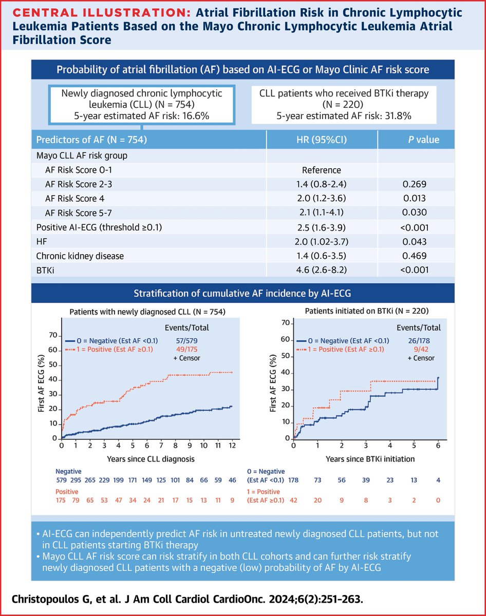 What is the role of AI-ECG in #CardioOnc? Check out this @MayoClinic #AF risk score study in CLL by @sparikhmd @zachia5 @WeiDing3 @kenderian_ss @YucaiWangMD @hampel_p @hemepa_c @MyelomaDrKapoor @noseworthypeter @drpaulfriedman @mayocvonc #JACCCardioOnc 
 
tinyurl.com/ekxw49ny