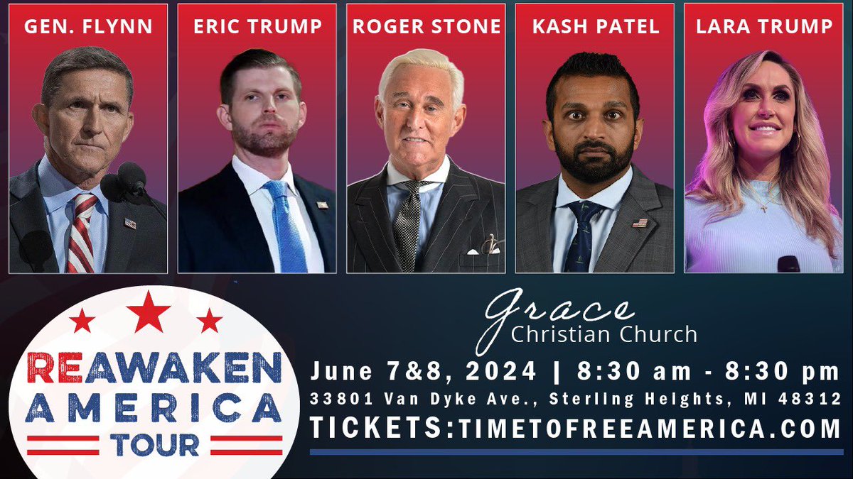 See you in DETROIT June 7-8! I join REAWAKEN AMERICA TOUR alongside @GenFlynn, @EricTrump, Kash Patel (@KashsCorner), and @LaraLeaTrump! Tickets: TimeToFreeAmerica.com or Via Text: (918) 851-0102