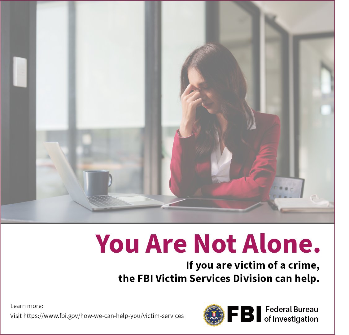 The FBI Victim Services Division is responsible for ensuring that victims of crimes investigated by the FBI are given the opportunity to receive services and notification as required by federal law and the Attorney General Guidelines on Victim and Witness Assistance. #NCVRW2024