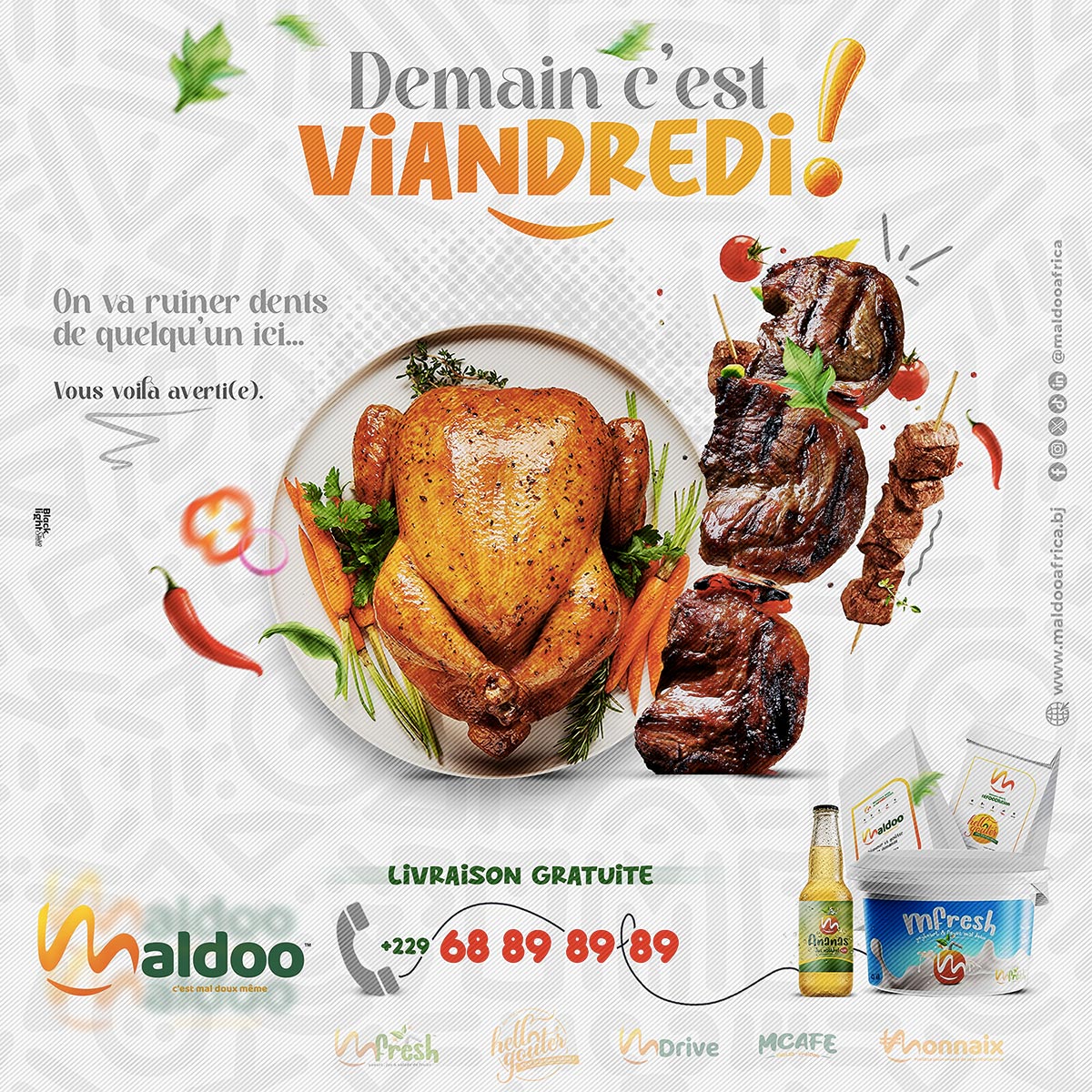 maldooafrica's tweet photo. Targue quelqu'un que tu aimes bien et qui connait quelqu'un qui n'a jamais mangé MalDoo™.

On lui livre*  un ʇɐןd uǝ uoʇ  ɯou chap chap.. 
𝗦𝗲𝘂𝗹𝗲𝗺𝗲𝗻𝘁 𝟮 𝗽𝗹𝗮𝘁𝘀 à 𝗼𝗳𝗳𝗿𝗶𝗿 𝗮𝘃𝗲𝗰 𝗯𝗼𝗶𝘀𝘀𝗼𝗻.

𝗩𝗜𝗔𝗡𝗗𝗥𝗘𝗗𝗜 c'est le blessemant de dents !

*Sélection https://t.co/sEd1h1XT4E