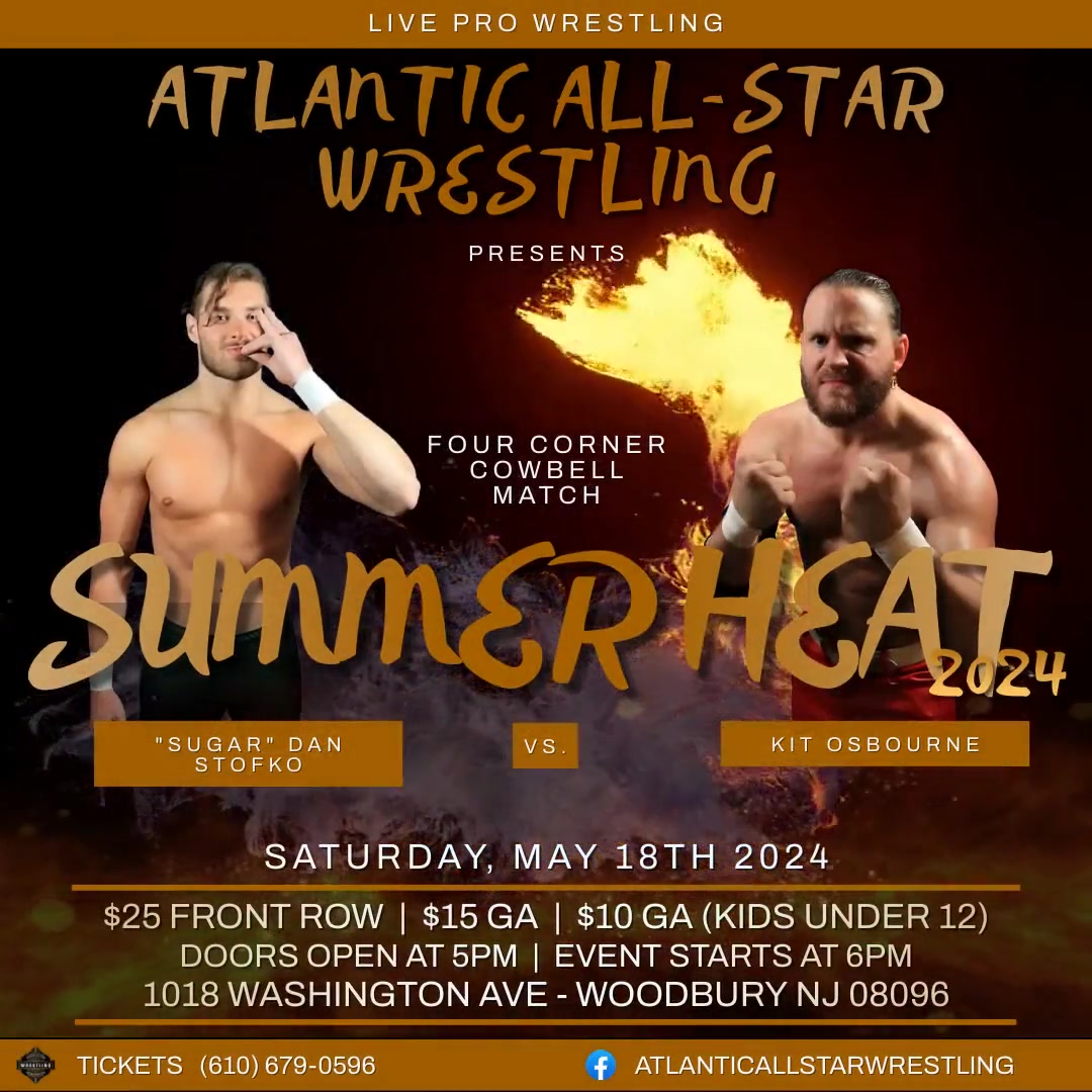🔔🤼‍♂️ Don't miss the showdown at #SummerHeat2024! 'Sugar' Dan Stofko vs. Kit Osbourne in a Four Corner Cowbell Match! Tickets on sale now! #AAW #Wrestling 🎟️