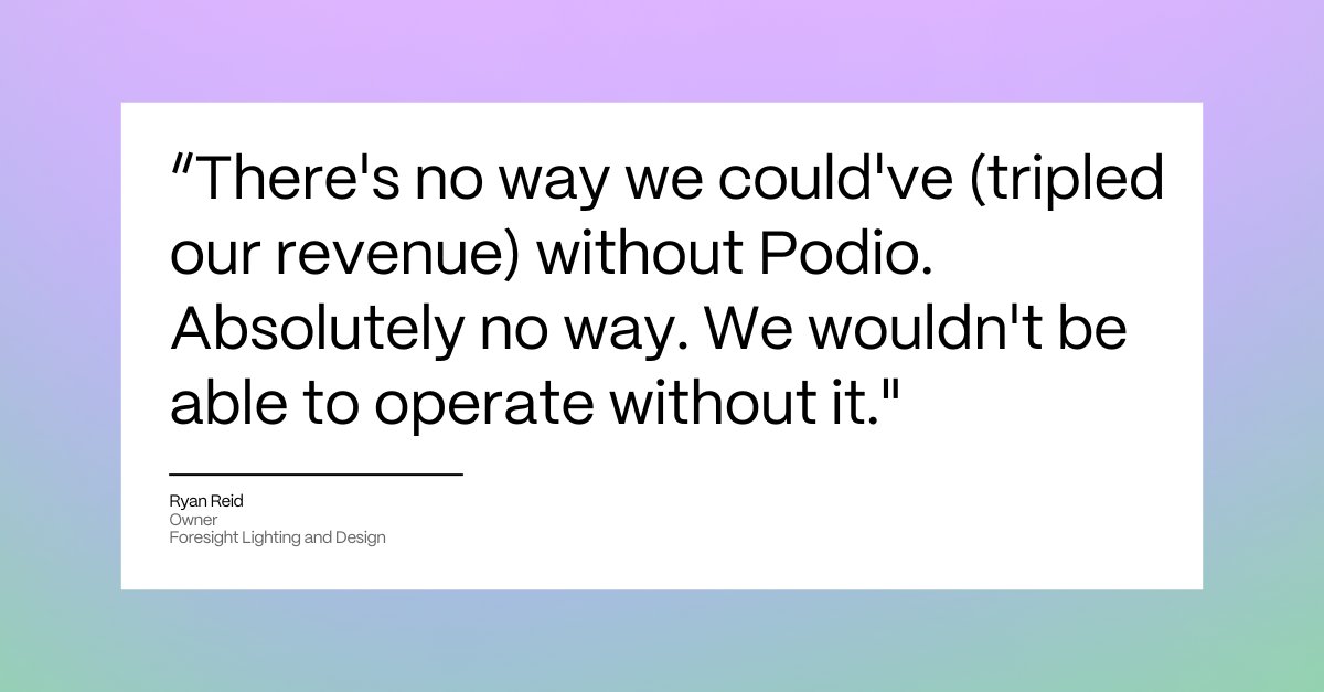 Once Utah-based business Foresight Lighting and Design started using Podio's platform, they were able to:

✅ Automate most processes in their workflow to increase efficiency and output
✅ Triple revenue in three years
✅ Add a second location

Learn more: sharefile.com/resource/custo…