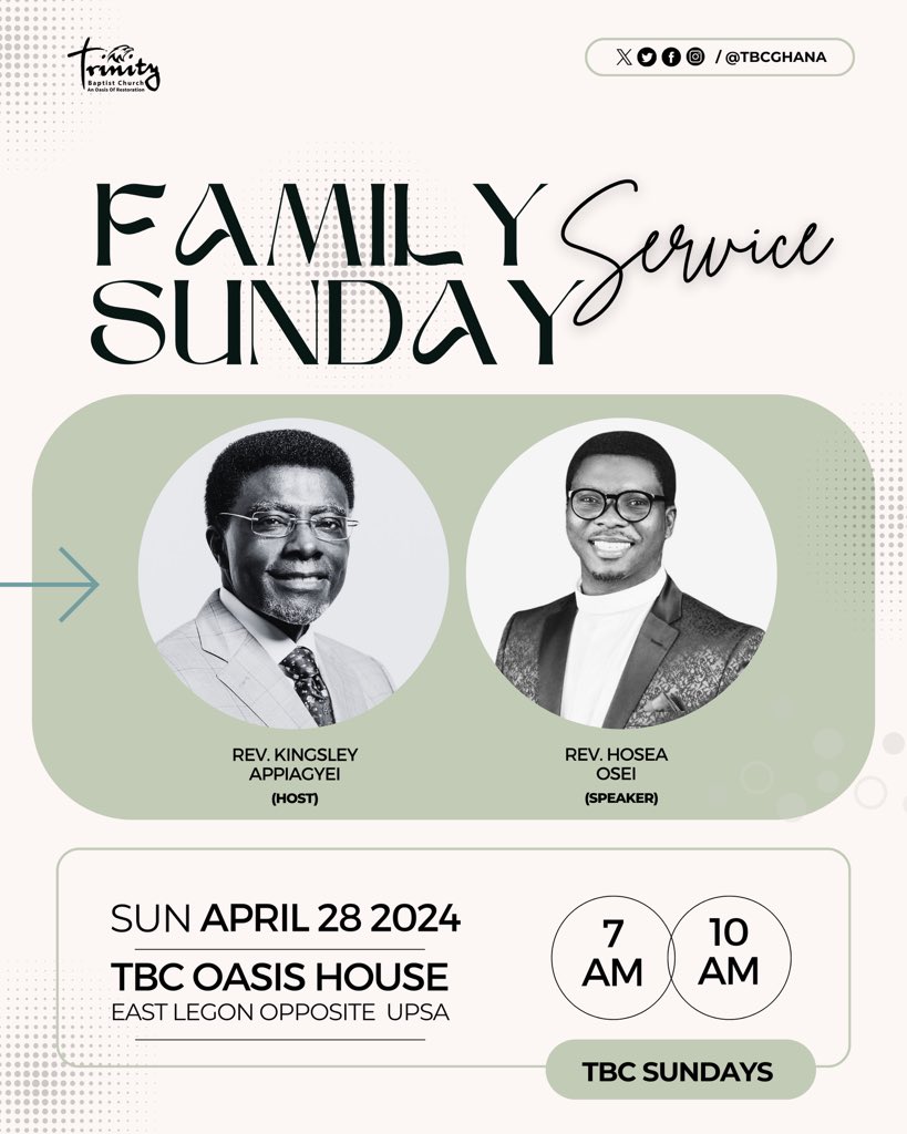 This Sunday is FAMILY SUNDAY!!! We have a special service planned for you and we are looking forward to welcoming you and your family to TBC Oasis House- This Sunday 28th April at 7am & 10am. #tbcsundays #familyservice