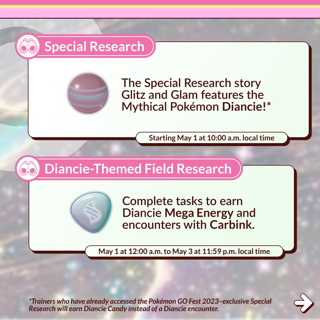 ✨Diancie is back and is bringing the glitz and the glam! 💎🤩 Starting May 1, 2024, at 10:00 a.m. local time, Trainers who complete the Special Research will earn either an encounter with the Mythical Pokémon Diancie or Diancie Candy. Find out more 👉 pokemongolive.com/post/diancie-g…