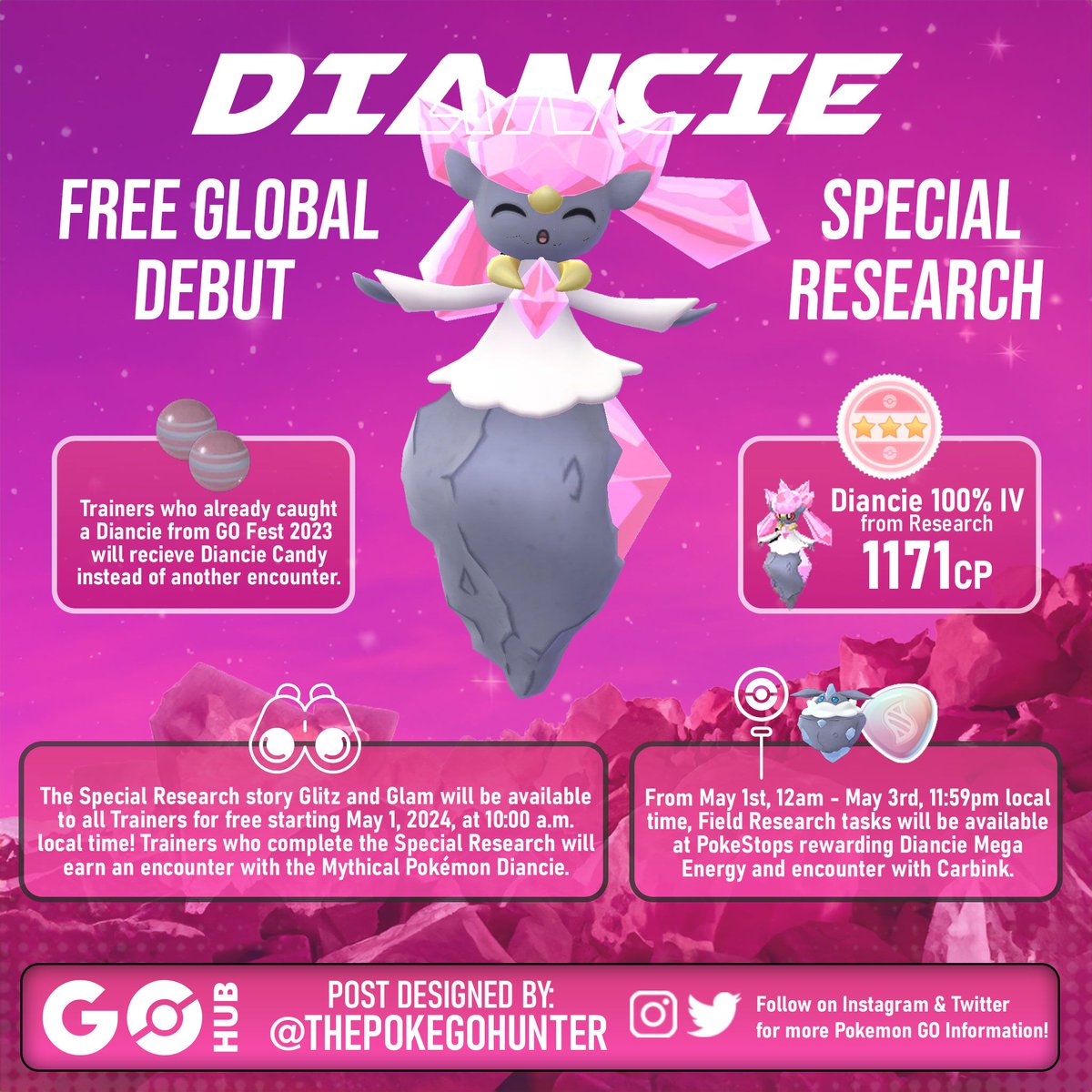 Pokémon GO’s Diancie is getting a worldwide release on May 1, 2024! Diancie is back, and releasing globally for all Trainers in a new special research story called Glitz and Glam! Full story here 👉 pokemongohub.net/post/event/dia… 📅 May 1, 2024 ⭐ Diancie's global debut #Pokemon