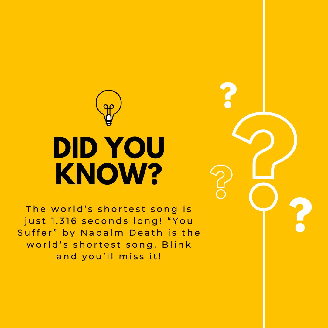 🎶 Short, sweet, and straight to the point! 🕺🏼 'You Suffer' by Napalm Death proves that big things truly come in small packages. Blink and you'll miss this record-breaking tune! 🎵💥 #ShortButSweet #WorldRecords #MusicTrivia