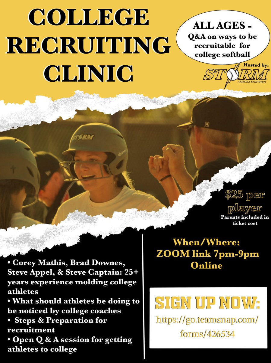 ‼️🚨RECRUITING CLINIC - Now held over ZOOM‼️🚨
-Zoom links will be sent to email used at registration
- Open to all players and parents inside & outside of the Storm organization
-“DO’s & DONT’s” for recruitment into college sports

#strongtogether
#stormplayersreadyforcollege