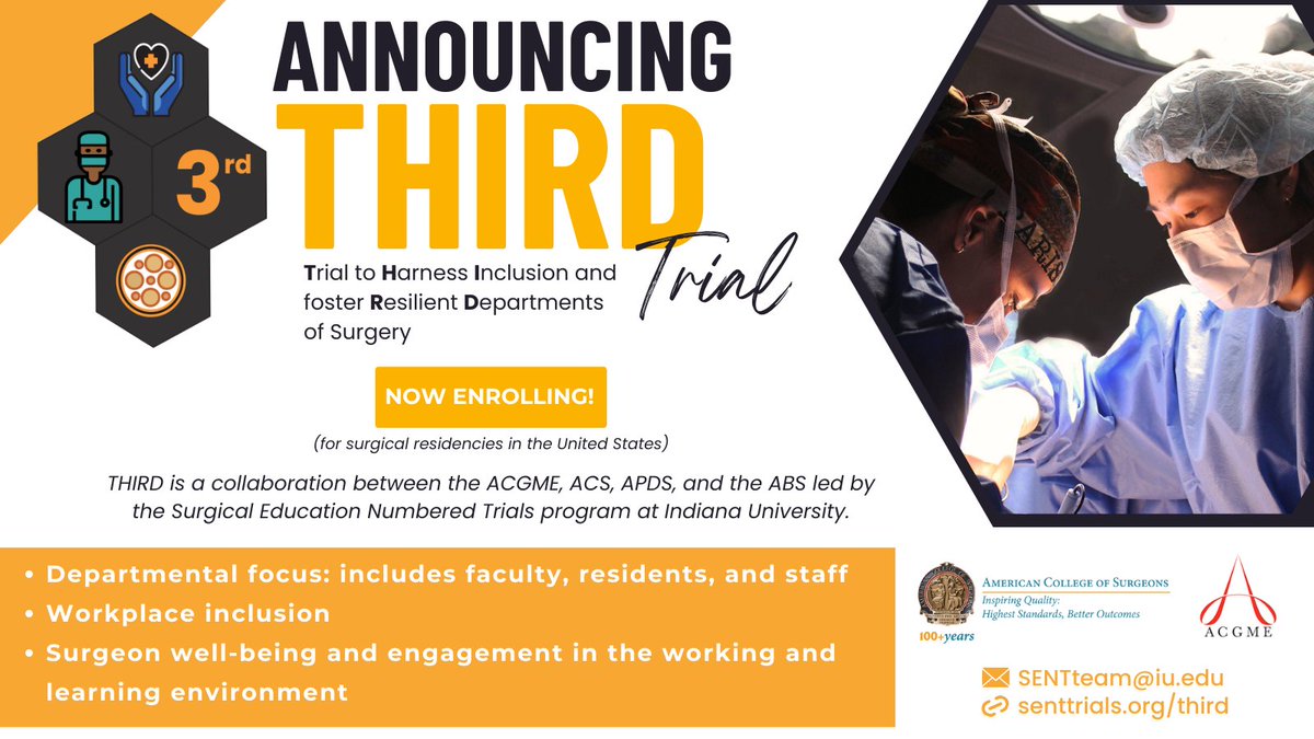 We’re excited to launch the THIRD Trial in partnership with @AmCollSurgeons and @ACGME! Enrollment materials have been emailed to department leadership. SENTteam@iu.edu for any questions. Thank you for all your support!