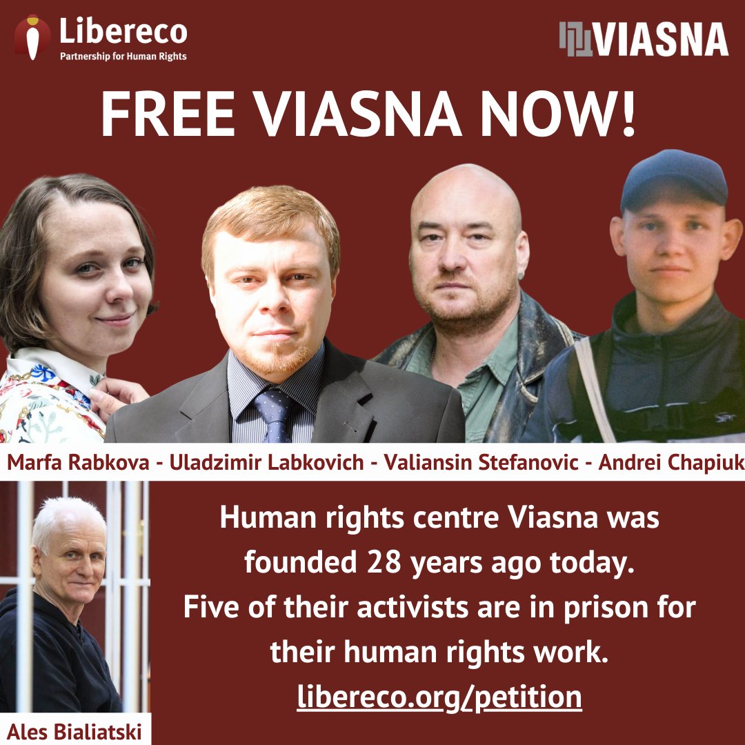 Today, we mark the anniversary of @viasna96's founding. We congratulate our friends, but we can only celebrate when all their activists are free. Sign the petition for the release of Viasna founder Ales Bialiatski, his colleagues & all political prisoners: libereco.org/petition