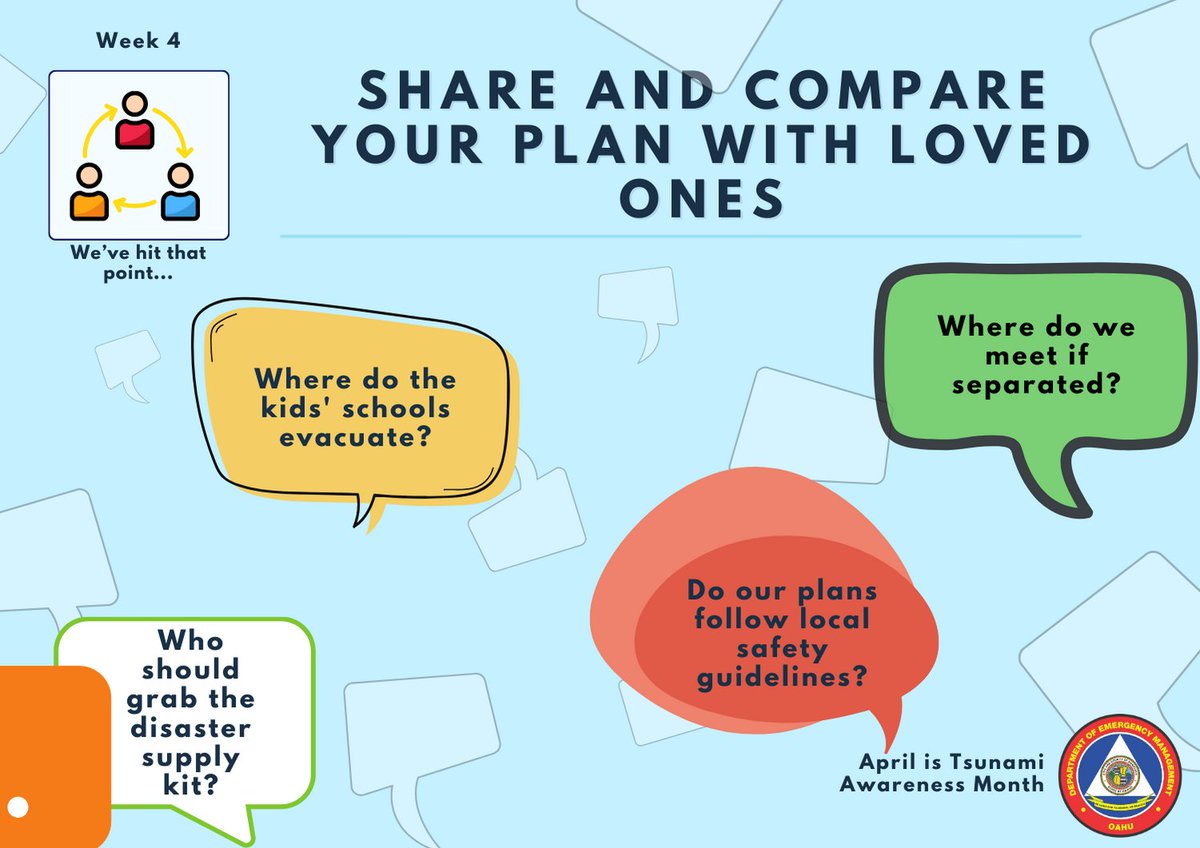 Once you make your plan, make sure your family and friends know what it is. Sharing your plan can encourage others to be more prepared and make a plan of their own. Learn more at honolulu.gov/dem/preparedne…. #TsunamiAwarenessMonth #MakeAPLan #BePrepared