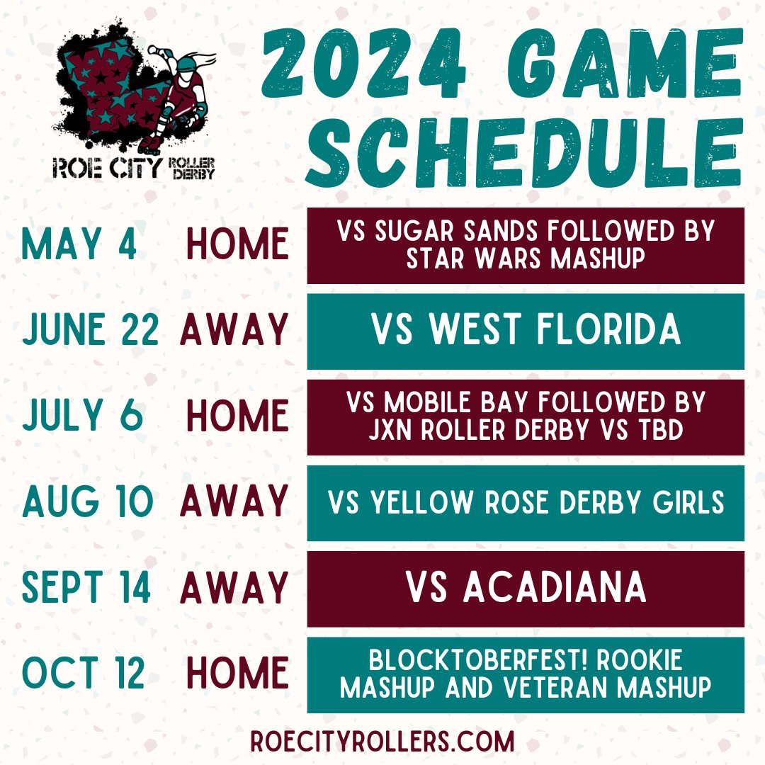 Here is our 2024 Game Schedule. We hope to see y'all at some of our games!!! 
#RCRD #RoeCity #RoeCityRollerDerby #RoeCityRollers #RCR #WhoGoesHard #MonroeLA #MonroeLouisiana #rollerderby #LouisianaRollerDerby #LARollerDerby #Louisiana #NELA #NortheastLouisiana #NortheastLA