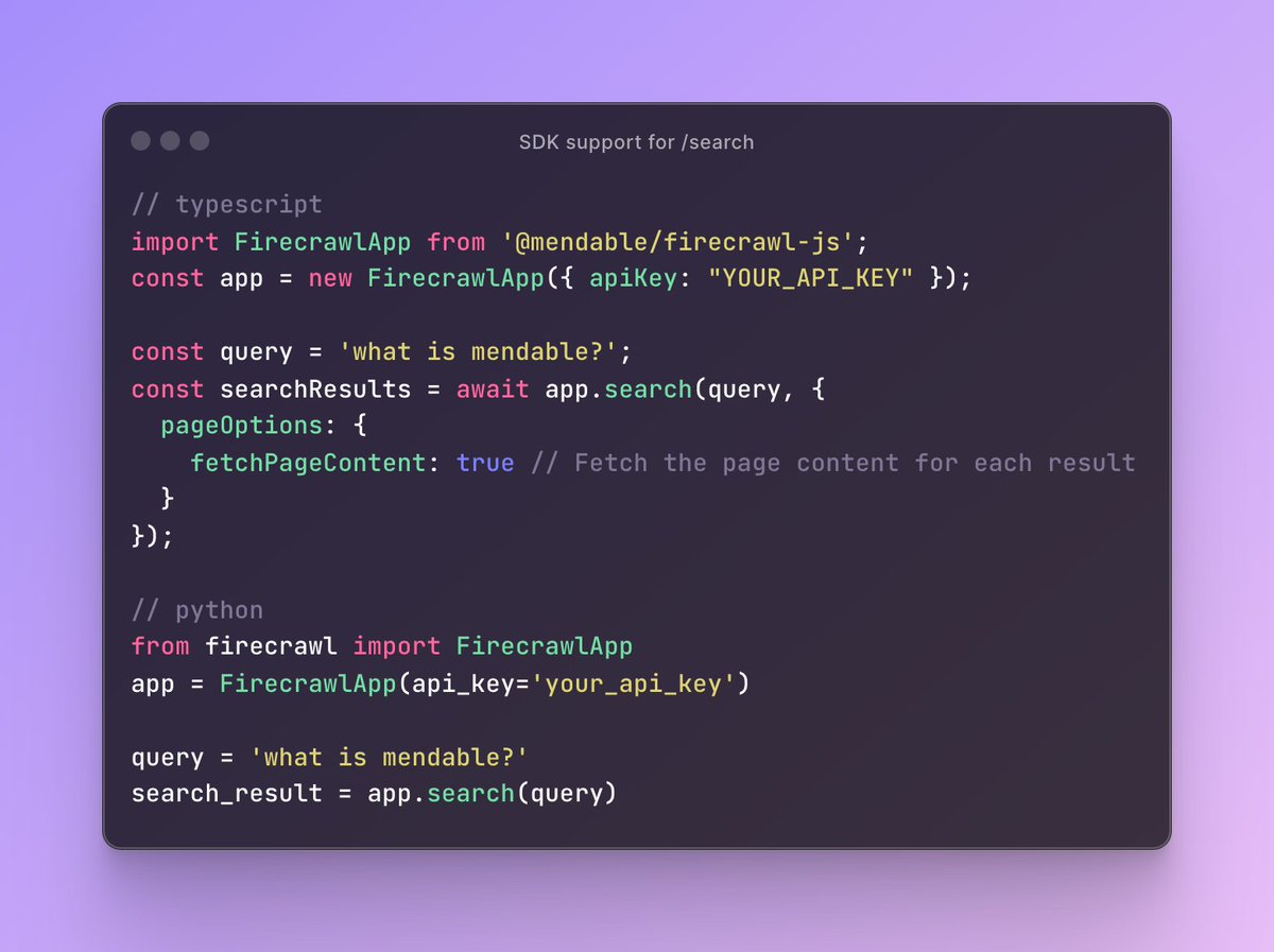 Search🔎 is now available in our Python and Node SDKs To use it just pip install firecrawl-py or npm i @mendable/firecrawl-js Get full page content from search engine results in a few seconds 🔥