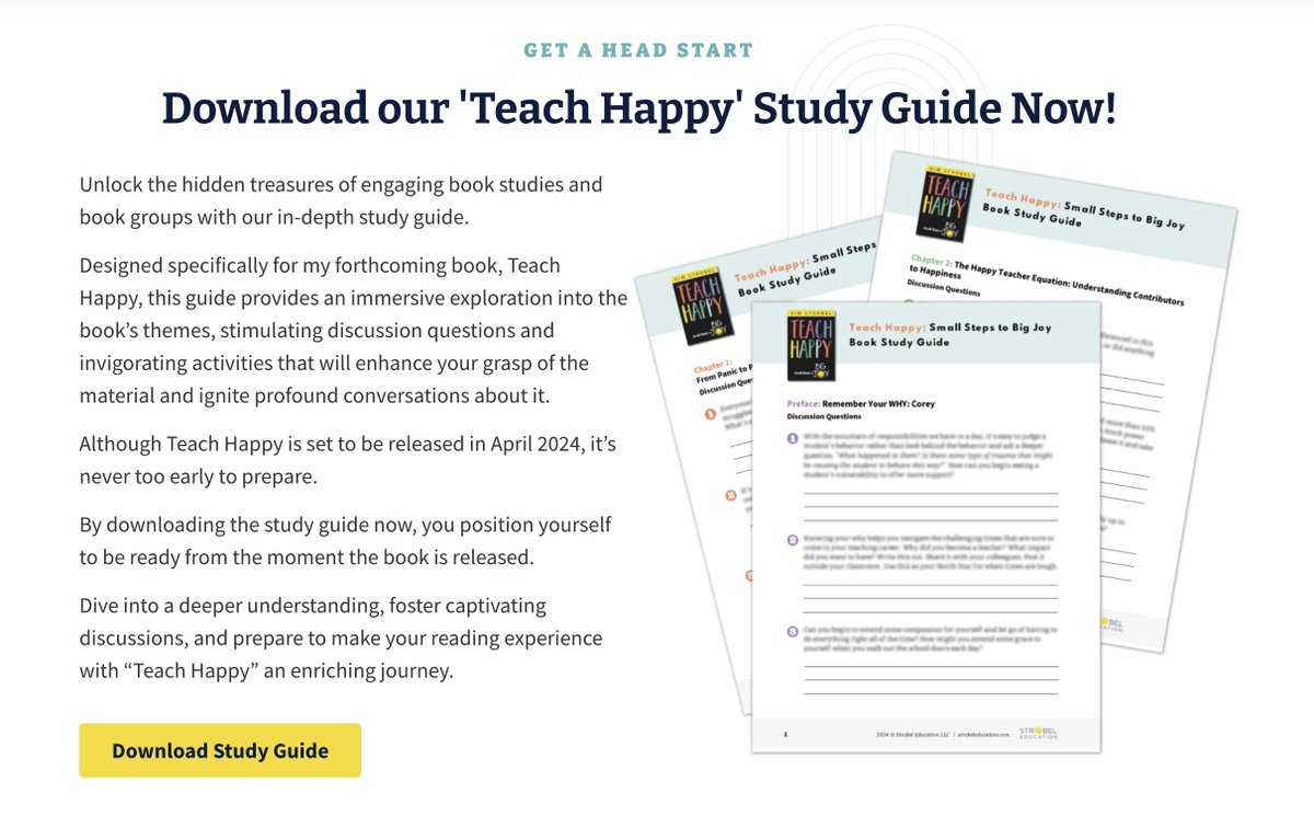 🎉Grab the #TeachHappy by Kim Strobel downloadable Book Study Guide right HERE: ☀️strobeleducation.com/teach-happy/ 📖 amazon.com/dp/1948334712?… #tlap #dbcincbooks @burgessdave @TaraMartinEDU @HappyStrobel