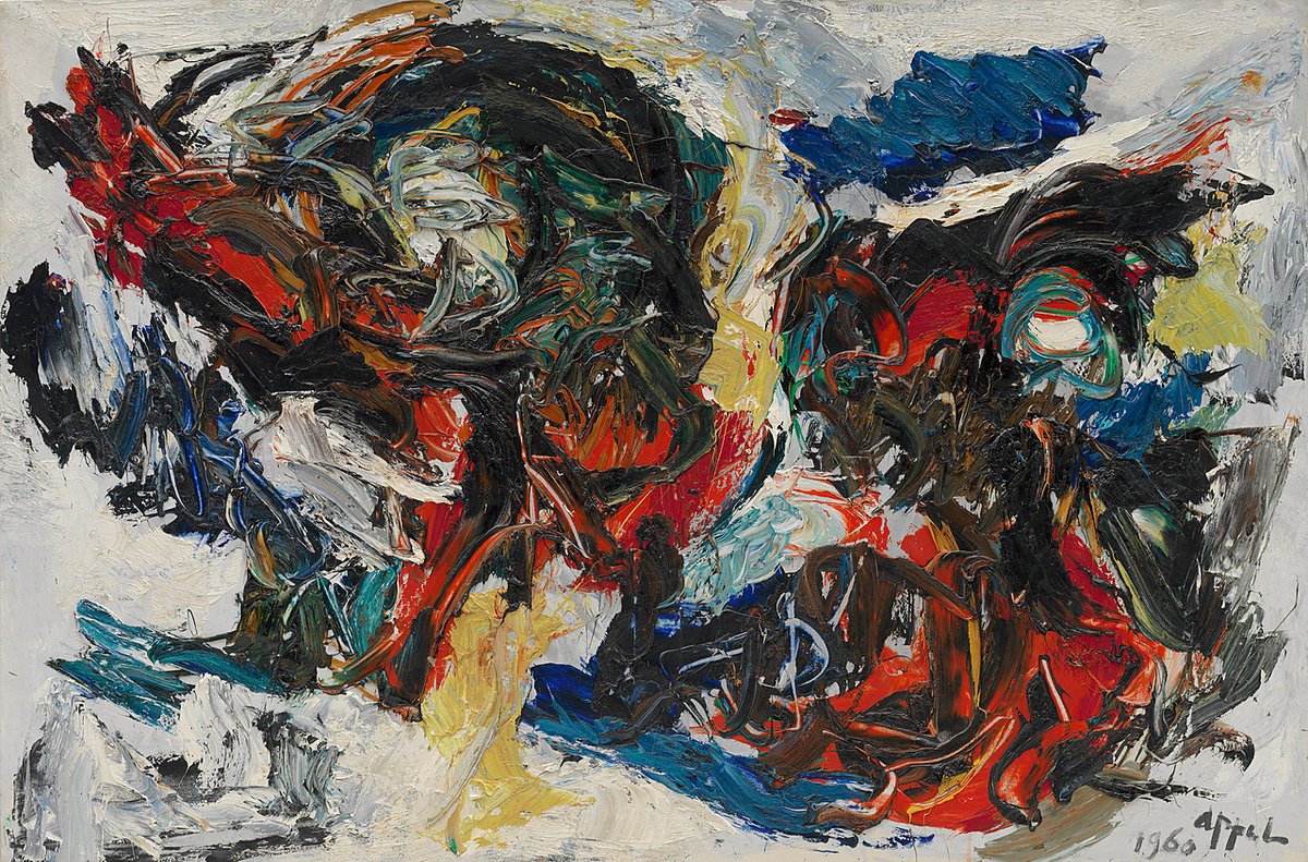 #KarelAppel, a Dutch painter, sculptor, and poet, is celebrated for his expressive and colorful style. His work often delved into themes of primal energy and the subconscious, reflecting his deep interest in the instinctive nature of art. 🎨: Karel Appel, 'Two Large Heads,' 1960