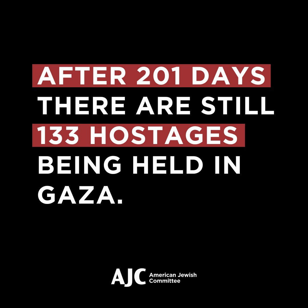 For 201 days, 133 children, mothers, fathers, sisters, and brothers have been held hostage in Gaza by terrorists. We urge Members of Congress to continue to speak out to secure the immediate and unconditional release of all hostages. 👉 AJC.org/BringThemHome