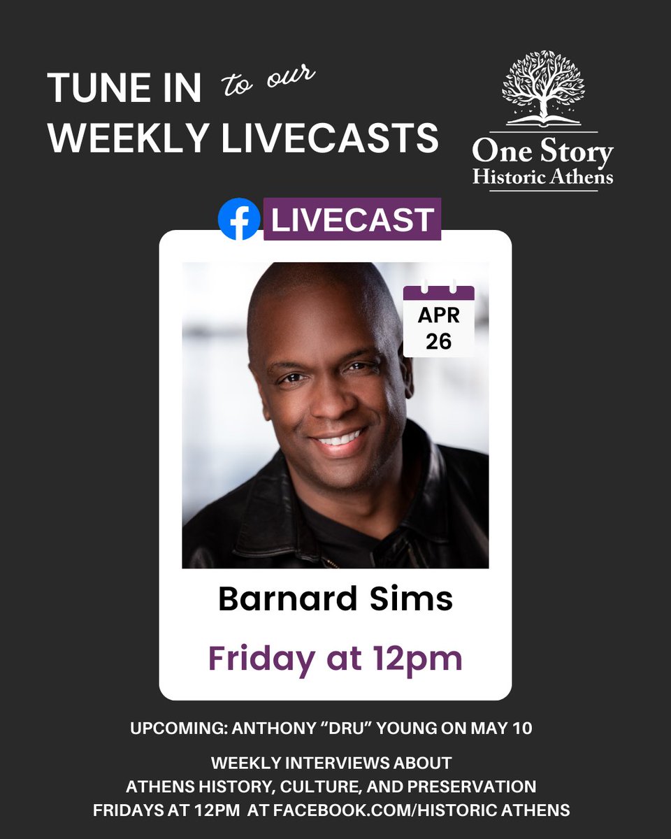Join us tomorrow at 12pm on the Historic Athens Facebook for our One Story Live Cast 🎙️ featuring local author and activist, Barnard Sims! 

Barnard will share his experiences living in Athens and giving back to the community.

#AthensGA #HistoricAthens #BarnardSims #LiveCast