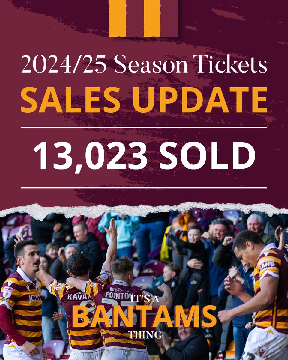 🙌 | With just over 24 hours of our Early Bird sales period remaining, we're currently at a total of 1️⃣3️⃣,0️⃣2️⃣3️⃣ 2024/25 season ticket sales! 

🎟️ | Secure your seat by 11.59PM TOMORROW to save on increased prices. 

🛒 | Purchase: bradfordcityafc.com/SeasonTickets

#BCAFC